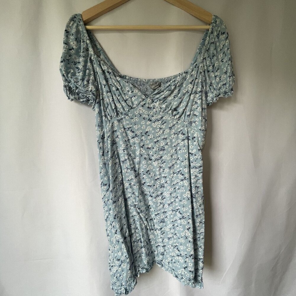 Sky‎ and Sparrow rayon blue and white floral dress drawstring cottagecore ruched
